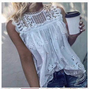 New White Eyelet Lace Tank Blouse